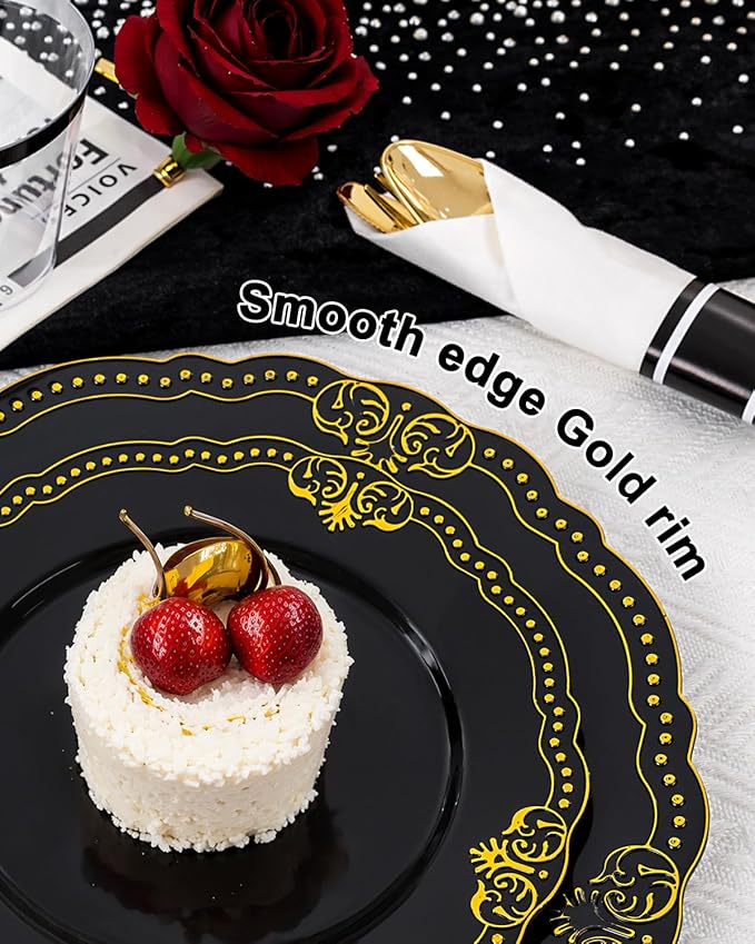 Ciaell 350 PCS Black Plastic Plates - Black and Gold Plates - Black Disposable Plates Include 50 Disposable Plate, 150 Heavy Duty Silverware, 50 Cups, 50 Napkins for Wedding & Party & New Year