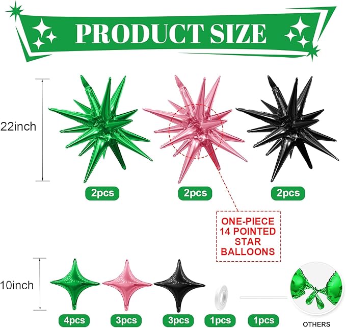 Black Green Pink Star Balloon,Pink Green 6Pcs 22Inch Explosion Star Balloons and 10Pcs 10Inch Four Angle Balloons Kit for Birthday Halloween Anniversary Baby Shower Wedding Party Decorations