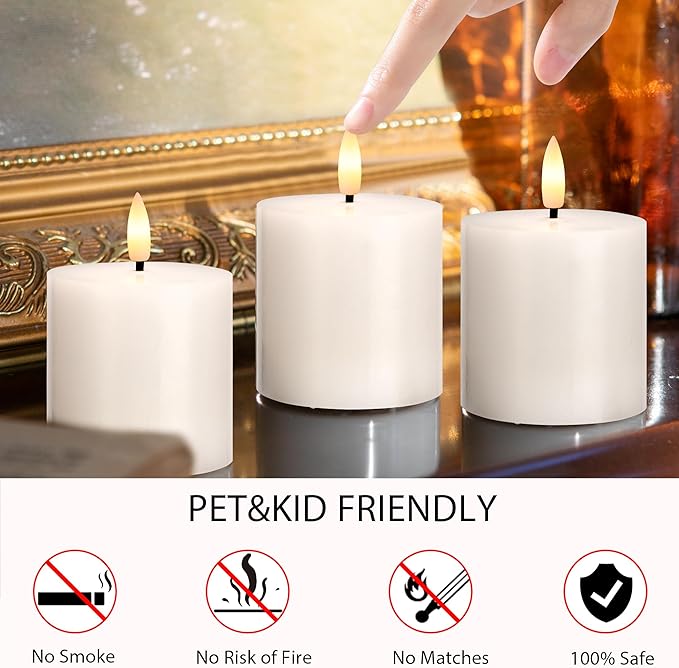 White Flameless Candles Set of 3 (3"x3") Battery Operated LED Pillar Candles with Remote and Timer, Real Wax Flickering Candles for Fireplace Bedroom Living Room Home Decor and Indoor Use