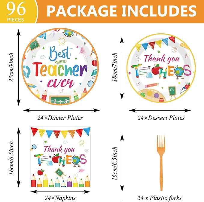 96 Pieces Teacher Appreciation Party Plates Thank You Theme Party Decorations Best Teacher Day Paper Plates and Napkins Thank You Disposable Dessert Tableware Set Graduation Supplies 24 Guests