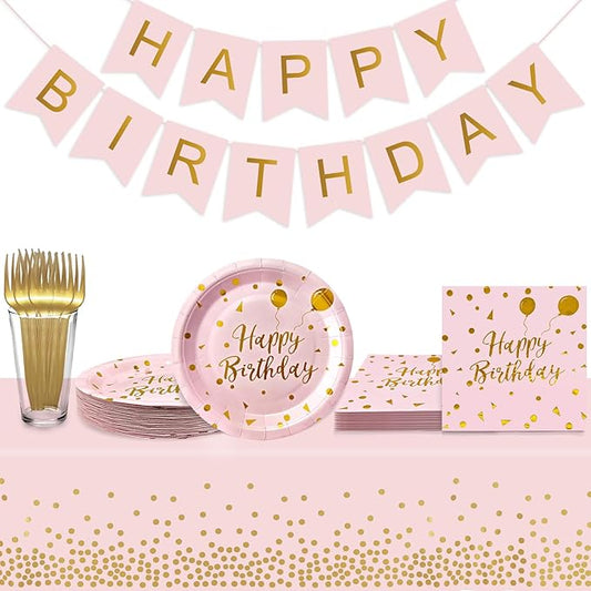 Serves 35 Guests Happy Birthday Paper Plates Party Supplies,7 Inch Pink and Gold Happy Birthday Disposable Paper Plates Napkins Forks Tablecloths Banner for Party Decorations
