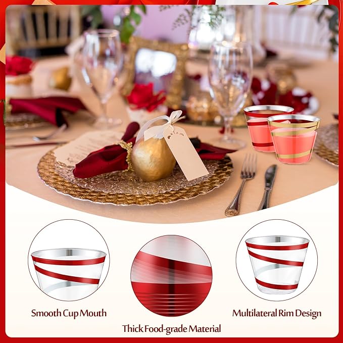 Gejoy 9 oz Rimmed Swirl Plastic Cups Disposable Wine Drinking Cups Clear Elegant Halloween Tumblers for Christmas Party Supplies(Red, Gold,100 Pcs)