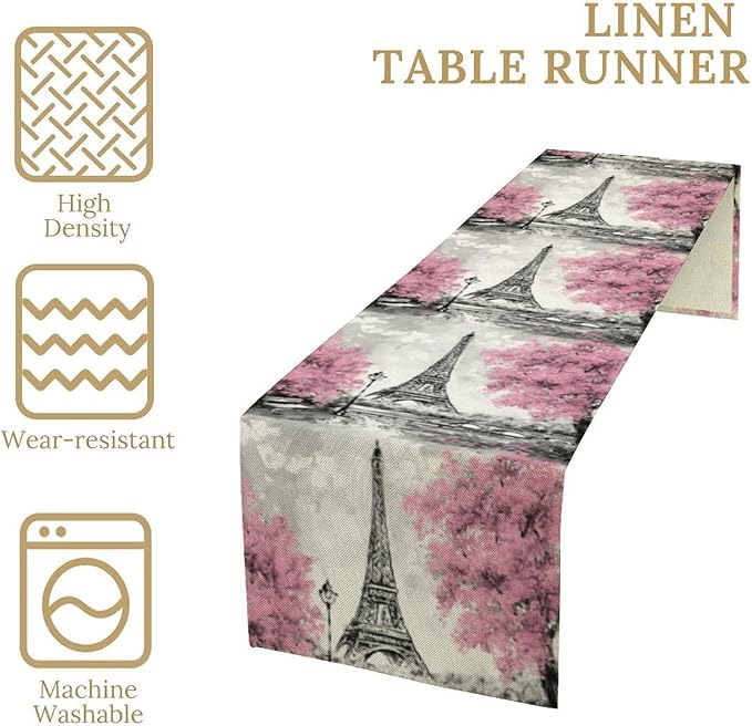 Paris Eiffel Tower Table Runner, Watercolor Eiffel Tower Dinner Runner for Farmhouse Kitchen Dining Table Holiday Party Decoration 13 x 70 Inch