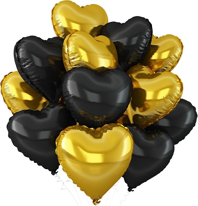 Black Gold Heart Balloons,12Pcs Black Heart Shaped Foil Balloons,18Inch Gold Helium Balloon for Birthday New Year Baby Shower Anniversary Wedding Party Decorations