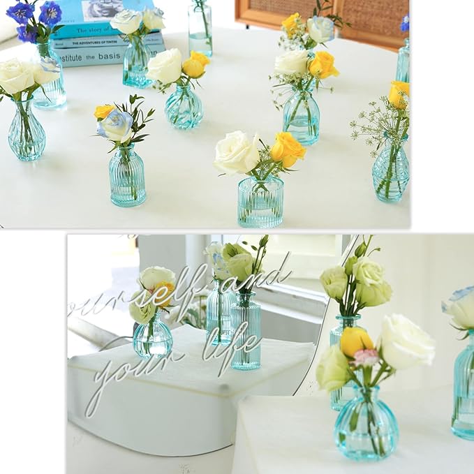 Bud Vases in Bulk 24, Blue Glass Vase, Small Vases for Flowers, Modern Ribbed Glass Bud Vase Wedding Flower Vase Blue Decor Baby Shower Party Centerpieces Home Room Table Decorations