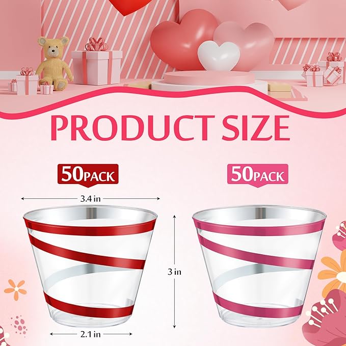 Gejoy 9 oz Rimmed Swirl Plastic Cups Disposable Wine Drinking Cups Clear Elegant Halloween Tumblers for Christmas Party Supplies(Red, Pink,100 Pcs)