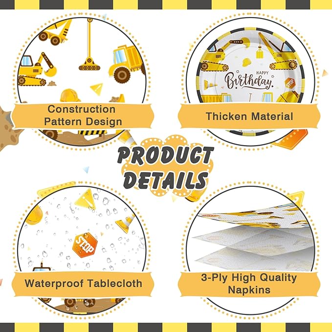 Construction Birthday Decorations, 170 Pcs Construction Birthday Party Supplies Including Banner, Plates, Cups, Napkins, Cutlery and Tablecloths, Serves 24