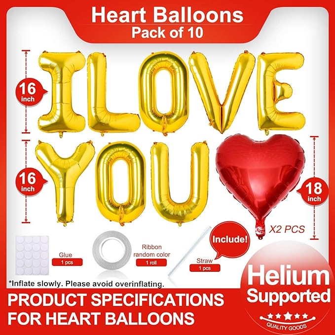 Gold I Love You Balloons and Red Heart Balloons Valentines Decorations Love Heart Balloons for for Valentines Day Bridal Shower Wedding Romantic Special Night Party Supplies Decorations