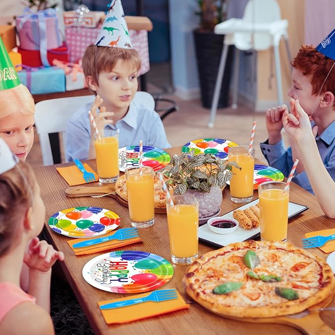 96Pcs Happy Birthday Party Supplies Tableware Set Rainbow Polka Dot Plates Napkins Forks Serves 24 Guests Rainbow Confetti Balloons Birthday Party Decorations