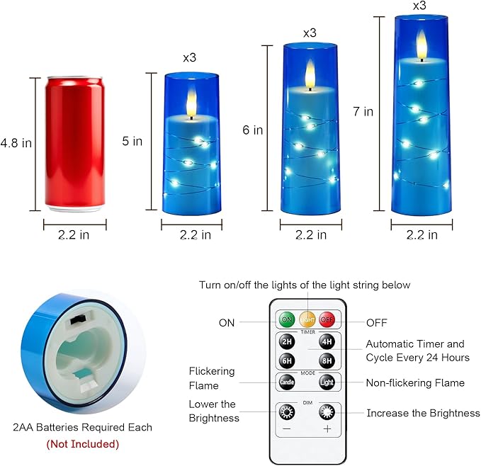 Raycare Flameless Candle with Remote Timer – 9 Flickering Acrylic Battery Operated LED Pillar Candles with Embedded Star String for Christmas, Home Decor, and as a Gift (Blue)