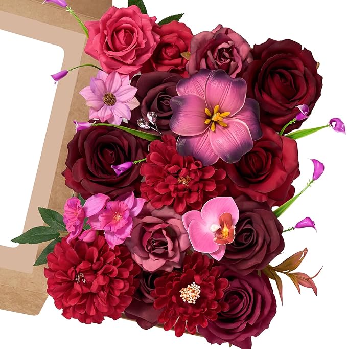 Serwalin Artificial Burgundy & Fuchsia Flowers, Silk Fake Flowers Stems for Wedding Bouquets DIY, Baby Shower Centerpieces, Cake Decor, Birthday Party & Home Decor