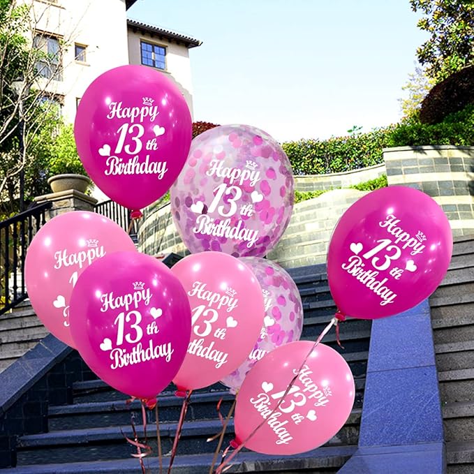 JONHAMWELBOR Happy 13th Birthday Latex Balloons Sweet 13th Birthday Decorations for Girls, 30Pcs Hot Pink and Pink 13 birthday Balloons