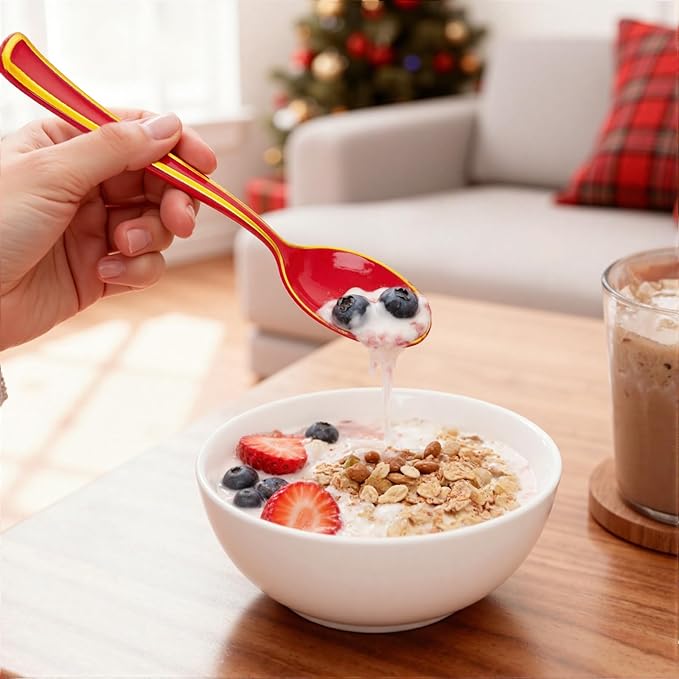 WDF 180 Pieces Red and Gold Plastic Silverware - Disposable Christmas Utensils Include 60 Forks, 60 Knives and 60 Spoons - Heavy Duty Red Plastic Cutlery - for Christmas/Party