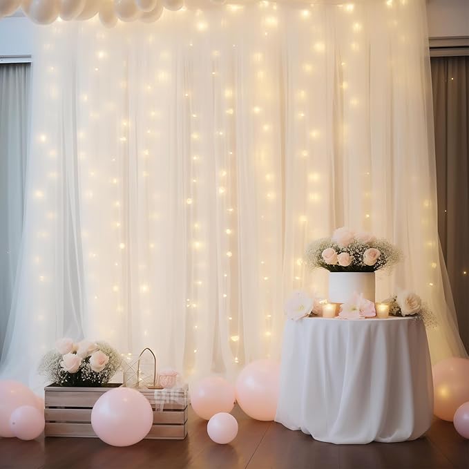 10ft x 10ft White Backdrop Curtain with Lights String for Parties, Sheer Tulle Wedding Photo Backdrops Drapes for Baby Shower Birthday Party Decorations Background for Photography