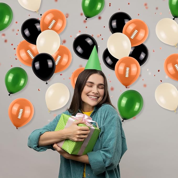 12 Inch Football Printed Party Balloons - Dark Green, Black, Beige - Boys Sports Birthday Party Decorations