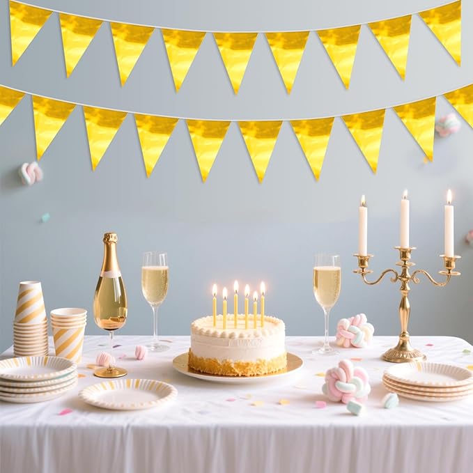 65FT Gold Glitter Triangle Pennant Banner Flag Metallic Bunting Fabric Garland for Christmas Graduation Wedding Engagement Anniversary Bachelorette Birthday Bridal Shower Valentine's Party Supplies