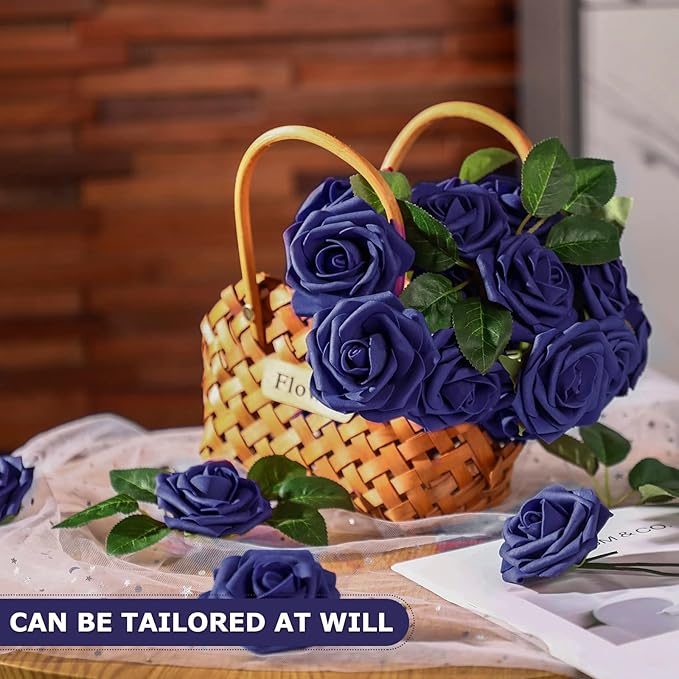 50 Pcs Artificial Foam Rose Flowers Faux Bouquet with Leaves and Stems for DIY Wedding Bouquets Centerpieces Bridal Shower Party Valentine Home Decorations (Navy Blue)