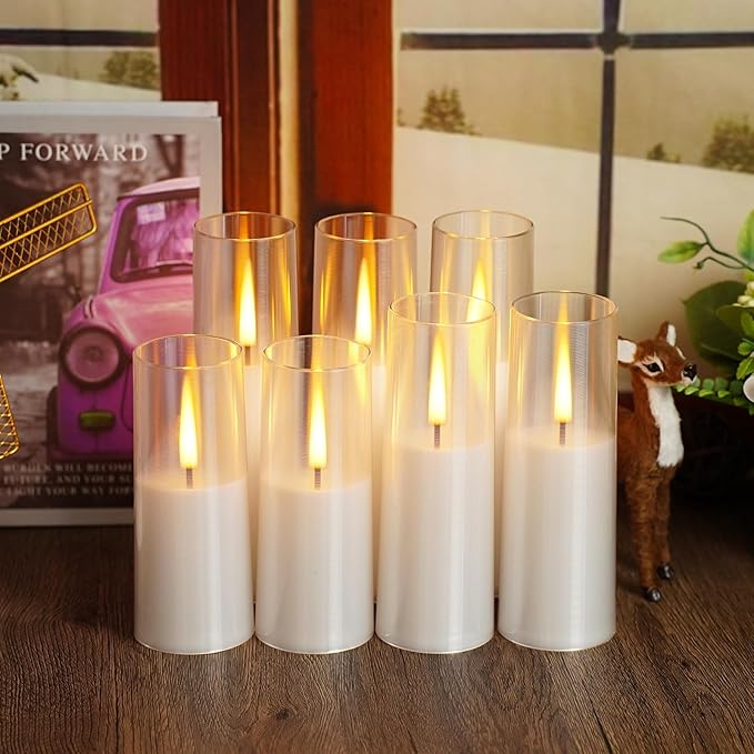 Flickering Flameless Candles 7Pcs Upgraded Realistic Dancing Flame Battery Operated Candles,LED Candles with Remote and Timers,Acrylic Electric Pillar Candles for Festivals Decor(White)