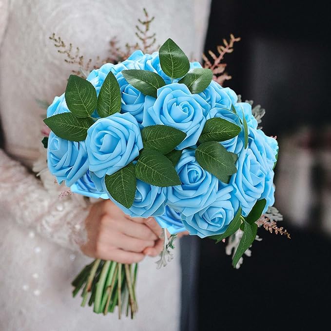 100 Pcs Artificial Foam Rose Faux Bouquet with Leaves and Stems for DIY Wedding Bouquets Centerpieces Bridal Shower Party Valentine Home Decorations (Light Blue)