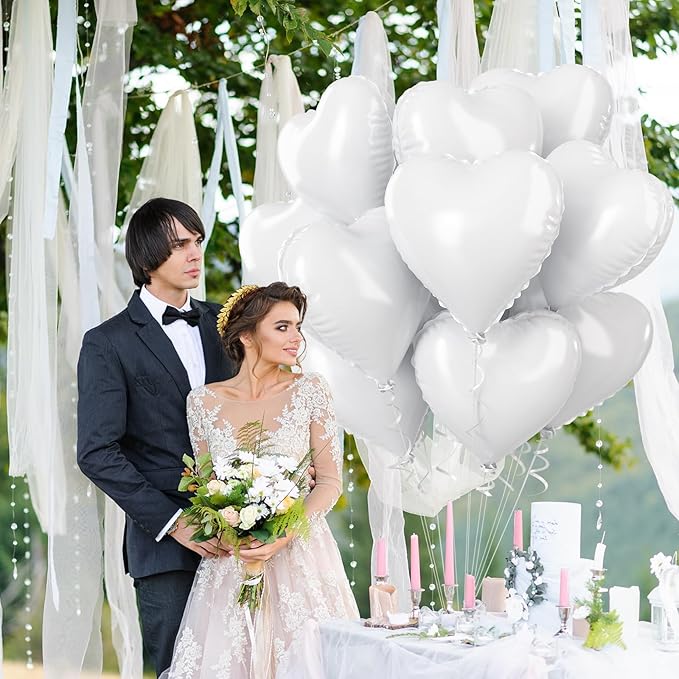 White Heart Foil Balloons, 18 Inch, 12Pcs Large Helium Balloons for Wedding, Birthday, Baby Shower, Bridal, Valentine, Graduation Party Decorations
