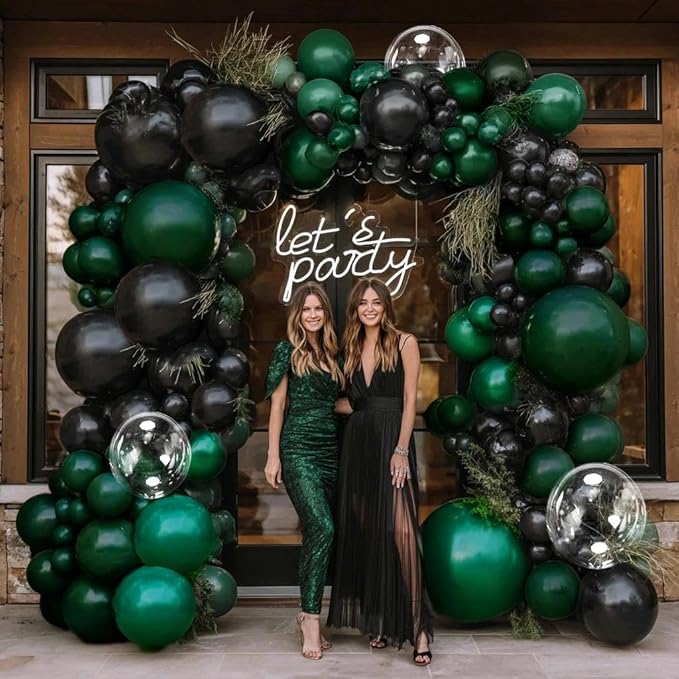Black Green Balloon Garland Double Stuffed Dark Emerald Green Balloons Clear Bobo Metallic Black Balloon Arch Kit for Birthday Halloween Bridal Shower Christmas New Year Party Decorations