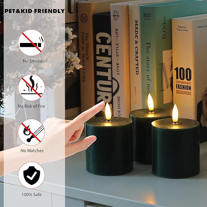 Green Flameless Pillar Candles, Real Wax Battery Operated Candles with Remote and Timer, Flickering LED Candles for Christmas Holiday Home Decor,Xmas Gift, Set of 3(3"x3")