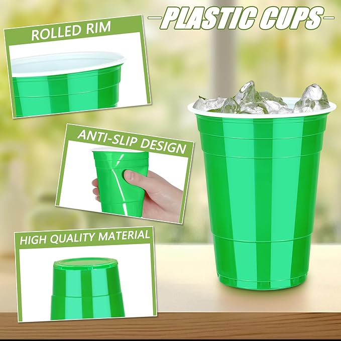 Dualshine 100 Pack Green Plastic Cups 16 oz,Disposable Cups for Party,Heavy Duty Drinking Cups, Graduation Shot Cup for Wedding Birthday Beer Taste Serving Snack Sample Tastings Barbecues Picnic