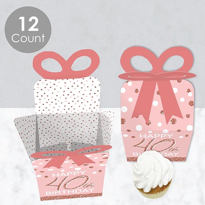 Big Dot of Happiness 40th Pink Rose Gold Birthday - Square Favor Gift Boxes - Happy Birthday Party Bow Boxes - Set of 12