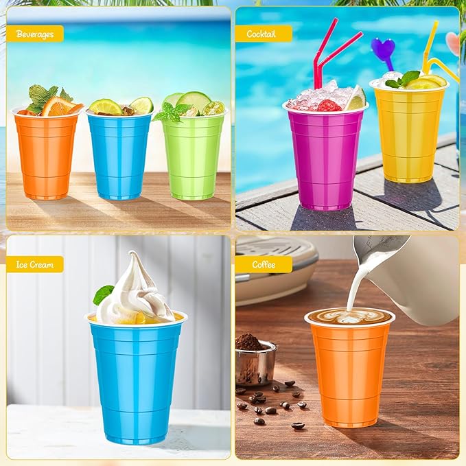 KesaPlan 100PCS 16 oz Hawaii Laua Cups, Colorful Plastic Cups in Orange, Hot Pink, Blue, Lime and Yellow, Disposable Drinking Cup for Tropical Luau Hawaiian Moana Birthday Party Decorations Supplies