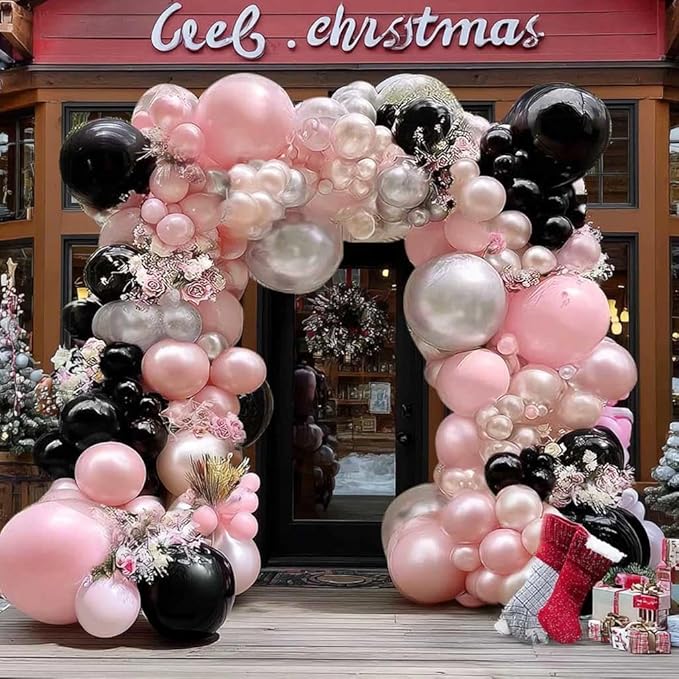 Pearl Pink Black Balloon Arch Kit, Double Stuffed Pastel Baby Pink Blush Silver Balloon Garland for Baby Shower Birthday Christmas Winter Bridal Wedding Party Decoration