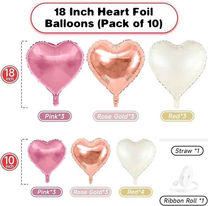 Pink White Heart Balloons, 19PCS Rose Gold and White Heart Shape Balloon, 18Inch with 10Inch Pearl Pink White Helium Foil Love Balloon for Girls Birthday Bridal Shower Wedding Valentine Decorations