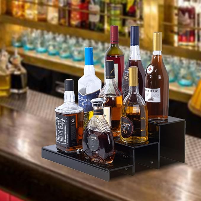 3 Tiers Bar Shelves for Liquor Bottles, 15" Black Acrylic Risers Display Racks Stands for Figures Pops Cupcake Perfume Collections (Patent: D1076520S)