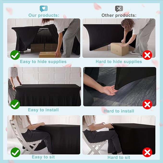 1 Pack Black Table Clothes for 6 Foot Rectangle Tables, One-Piece Wrinkle Resistant Stretch Spandex Table Covers with Skirt for Event Banquet Wedding Birthday Party