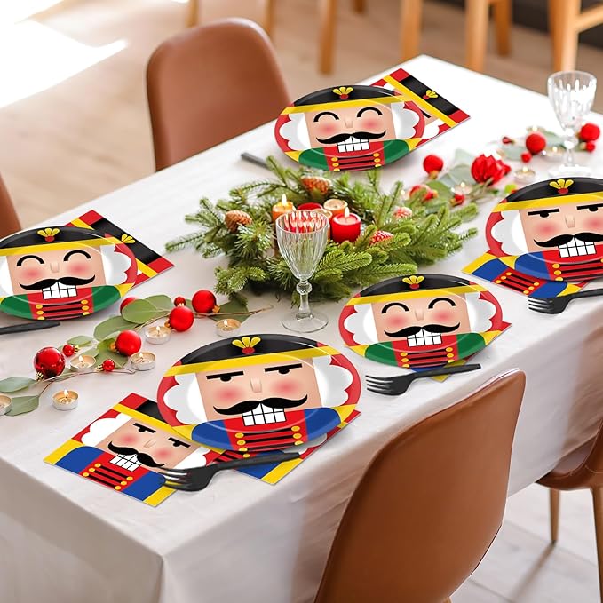96 Pcs Christmas Nutcracker Plates Party Supplies for 24 Guests Merry Christmas Tableware Table Decorations Soldier Model Nutcracker Plates Napkins Dinnerware for Kids Winter Xmas Holiday Party Favor