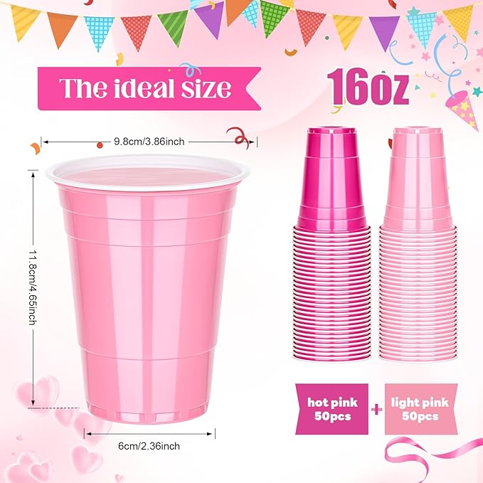 KesaPlan 100 PCS 16 OZ Plastic Cups Party Cups Pink and Hot Pink Cups Disposable Cups Bulk for Party Graduation Thanksgiving Wedding Birthday Christmas Halloween Family Gatherings Festive Celebrations