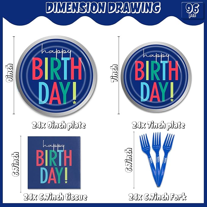 96Pcs Dark Blue Party Decorations Tableware Set Plates Napkins Forks Serves 24 Guests Multicolor Happy Birthday Party Decorations