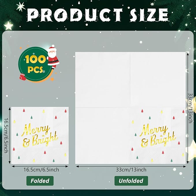 100 Pcs Christmas Tree Paper Napkins Disposable, Merry Bright Red Green Gold Foil Cocktail Napkins, Xmas Holiday Square Party Guest Dinner Napkin for Christmas Winter Party Supplies, 6.5x6.5 Inch