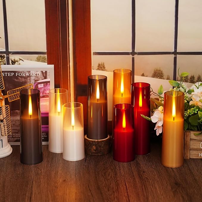 Flickering Flameless Candles 7Pcs Upgraded Realistic Dancing Flame Battery Operated Candles,LED Candles with Remote and Timers,Acrylic Electric Pillar Candles for Festivals Decor(Grey)