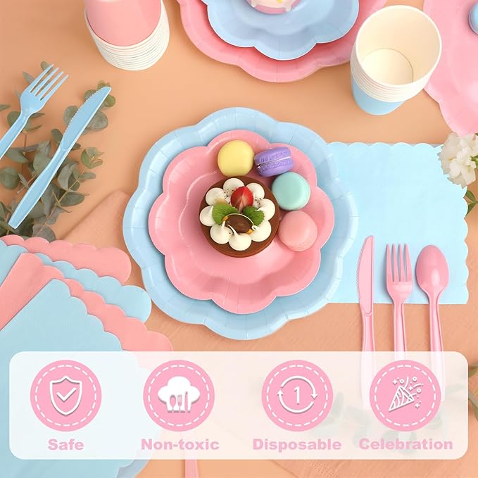 416 Pcs Pink And Blue Party Supplies - For 52 Guests Paper Plates And Napkins Knives Spoons Forks Cups - Disposable Big Scalloped Dinner Party Set Cutlery - For Baby Shower Bridal Shower Wedding