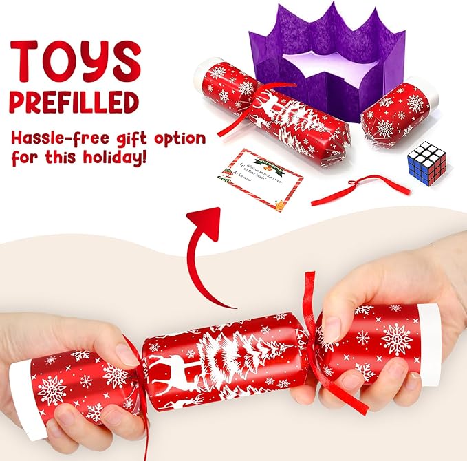 10 Pack Christmas No Snap Party Favor with Red & White Snowflake Design with Party Hat, Joke & Little Gift Inside for Kids, Xmas Gift, Christmas Seasonal Holiday Party Dinner Traditions Supplies