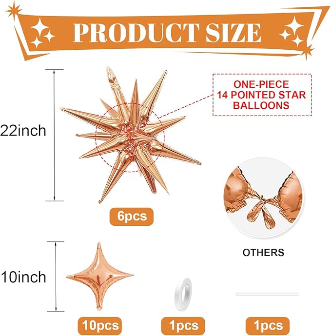 Rose Gold Star Balloons,Explosion Star Balloons Kit with 6Pcs 22Inch Cone Star Foil Balloons and 10Pcs 10Inch Four Pointed Star Balloons for Birthday Anniversary Disco Party Decorations