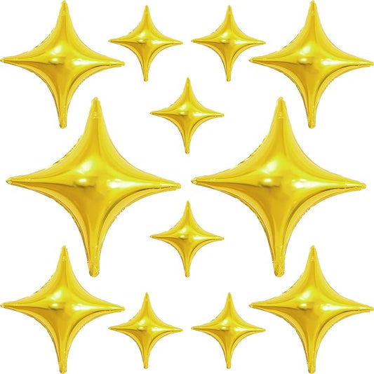 12PCS Gold Star Balloons, 24in 18in 10in Four Pointed Star Shaped Balloon Gold Foil Balloons for Graduation New Year Birthday Retirement Party Decorations