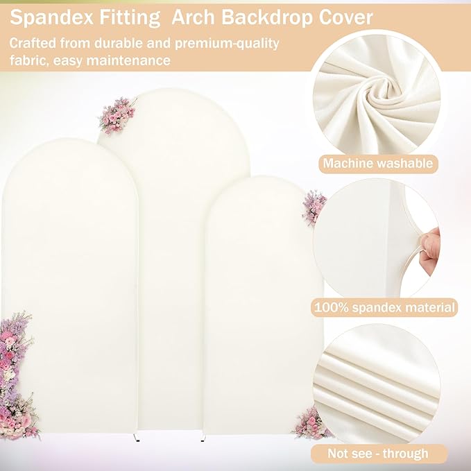 (7.2FT, 6.6FT, 6FT) Wedding Arch Cover Set of 3 Beige Spandex Fitted Arch Cover for Round Top Chiara Backdrop Stand Covers for Birthday Party Banquet Photo Background Decoration