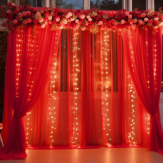30ft x 10ft Red Backdrop Curtain with Lights String for Parties, Sheer Tulle Wedding Photo Backdrops Drapes for Baby Shower Birthday Party Decorations Background for Photography