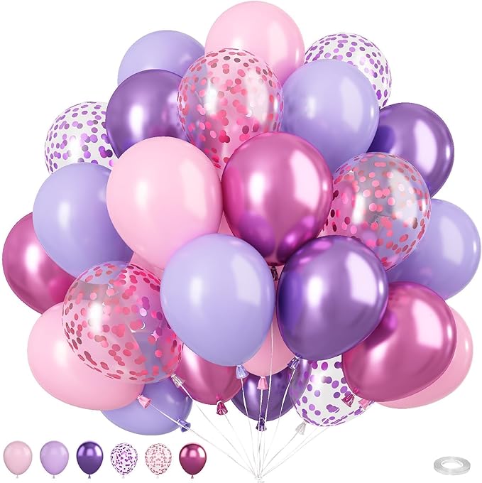 Pink and Purple Balloons, 50PCS 12 Inch Confetti Balloons, Metallic Purple Pink Latex Balloons with Ribbon, Party Balloons for Birthday Shower Wedding Party Decorations