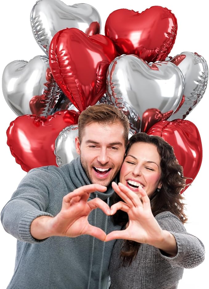 Red Silver Heart Balloons, 18 Inch Red and Silver Heart Balloons Red Silver Valentine Balloons Romantic Party Decoration Red Heart Shape Mylar Balloons for Valentines Day Birthday Wedding Pack of 10