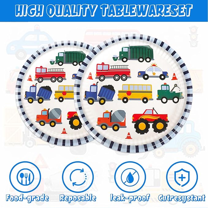 96Pcs Tansportation Party Supplies Traffic Cars Trucks Theme Tableware Set Plates Napkins Forks Serves 24 Guests Transport Vehicle Baby Shower Birthday Party Decorations