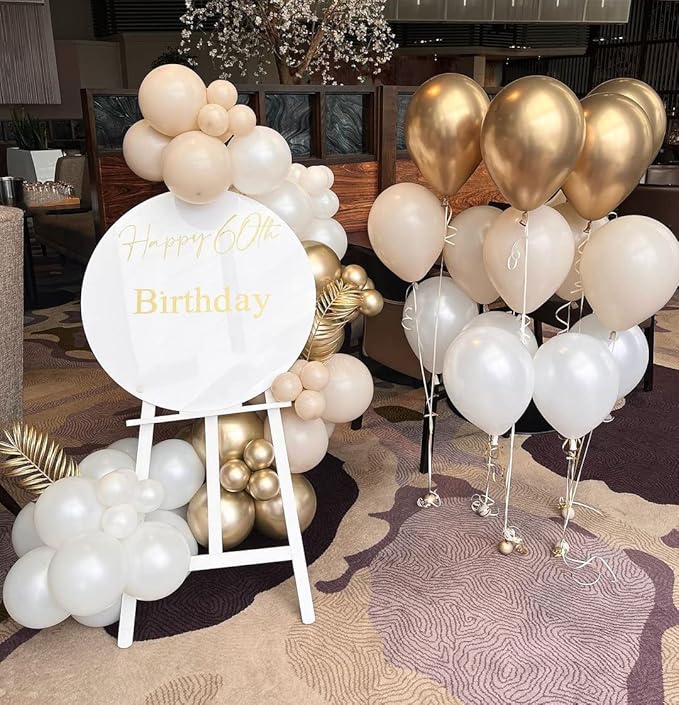 Sand White and Gold Balloons Set, 60 Pcs 12 Inch White Sand Gold Latex Balloons Gold and White Party Balloons For Birthday Bride Engagement Wedding Anniversary Party Decorations