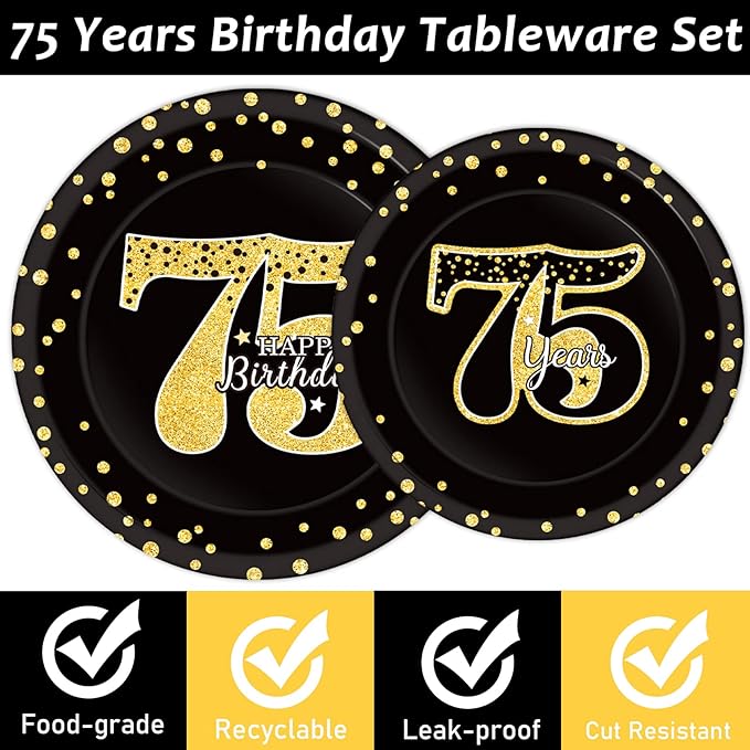 96 Pcs 75th Birthday Party Supplies 75th Birthday Tableware Plates Cheers to 75 Years Table Decorations Dinnerware Party Favor for Men Woman Seventy-five Years Birthday 24 Guests