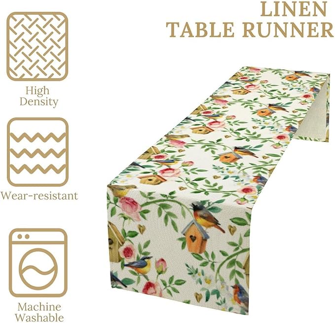 Birds Flowers Spring Table Runner,Watercolor Floral Leaves Seasonal Home Party Kitchen Dining Table Decoration 13x108 Inch